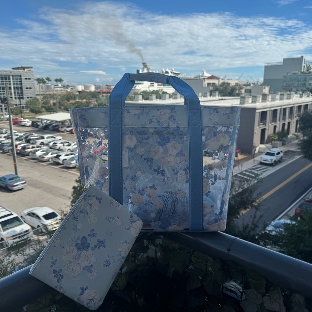 LoveShackFancy Marjorie Beach Tote Whisper Blue. Trucker hat avail separately